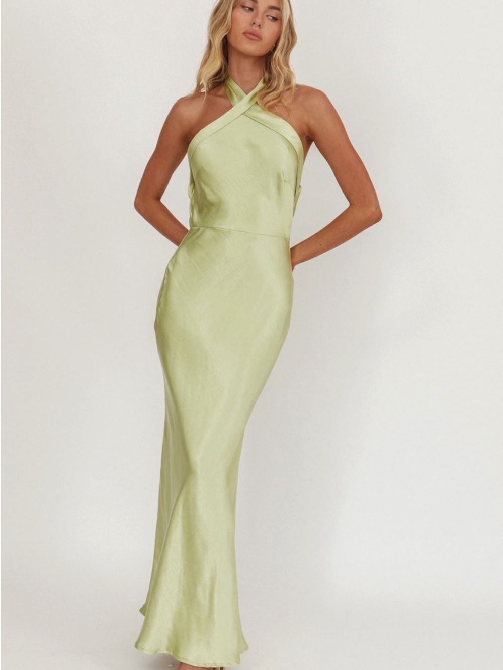 Selfie Leslie- Italia Azure Crossover Halterneck Maxi Dress Pistachio